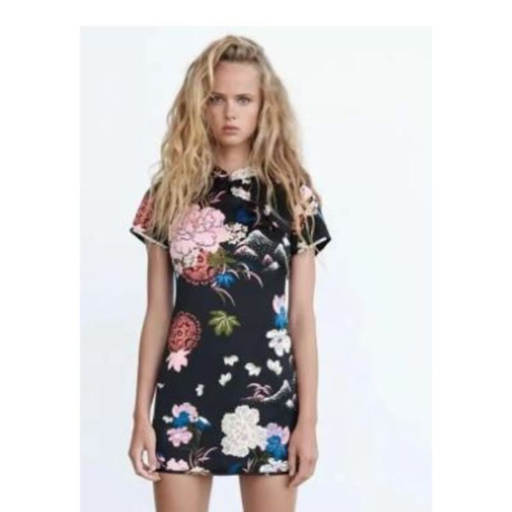 Zara XL Floral Mini Sheath Dress Black Mandarin Collar Short Sleeves